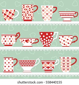 Cups and mugs collection with hearts decorations on different shapes