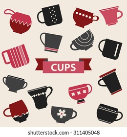Cups and mugs collection in red and black colors.