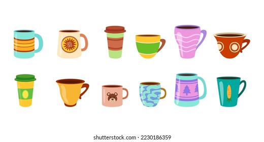 Cups or mugs of different shapes vector illustrations set. Collection of designs or ornaments for mugs or coffee cups isolated on white background. Beverage, coziness, morning concept