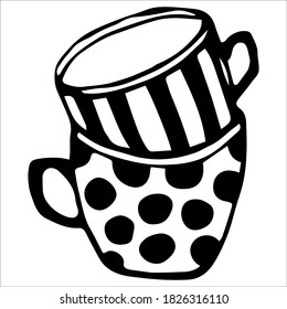 Cups. Mugs . Empty mugs striped pattern. Doodle  vector illustration. Hand draw
