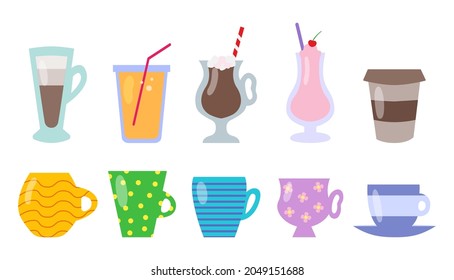 Cups, mugs, glasses made of glass and paper, colorful set. Coffee, tea, cocoa with marshmallows, juice with a straw, milkshake. Cartoon flat style. Design for coffee shop, cafe menu confectionery