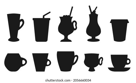 Cups, mugs, glasses made of glass and paper, black silhouette set. Coffee, tea, cocoa with marshmallows, juice with a straw, milkshake. Cartoon and flat style. Object for web design, coffee shop
