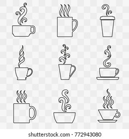 Cups and mugs with a hot drink,  set of line black icons on transparent background. Vector illustration.