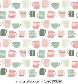 Cups and mugs seamless pattern. Cozy vector illustration. Hygge life style.