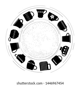 Cups and Mugs set. Coffee break, Tea time concept. Circle frame. Vector illustration.
