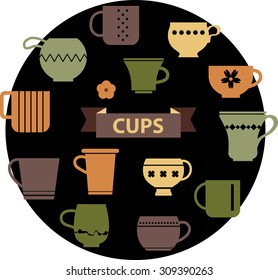 Cups and mugs set in flat style. Vintage colors kitchen background. Coffee or tea service design elements. Tea time or coffee break concept.