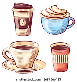 Cups and mugs set vector, isolated icons of containers with liquids and tasty beverages. Bean on plastic jar with cap, ceramic with plate and latte