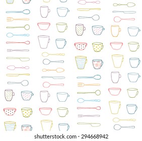 Cups Mugs Silverware Outline Seamless Pattern Background. Hand drawn ornate dishes and dinnerware backdrop illustration. 