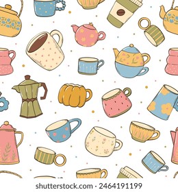 Cups, mugs, teapots, kettles seamless pattern with doodles for kitchen textile prints, towels and tablecloth, wrapping paper, packaging, wallpaper, etc. EPS 10