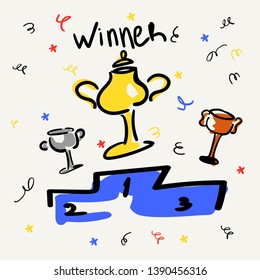 Cups on the pedestal. Gold, silver, bronze. Business and sports victories. Vector illustration in the style of sketch or doodle. Confetti and serpentine.