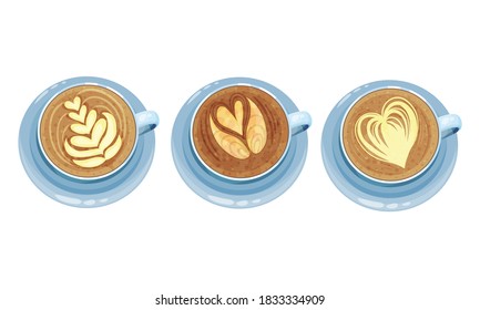 Cups on Saucer with Coffee Latte Crema Art Vector Set