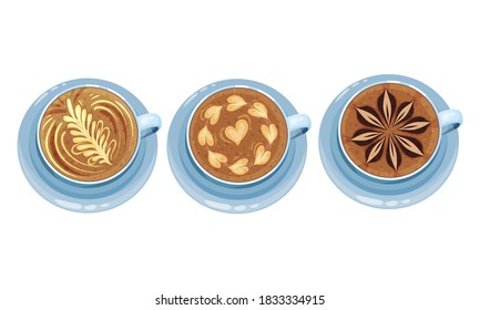 Cups on Saucer with Coffee Latte Crema Art Vector Set