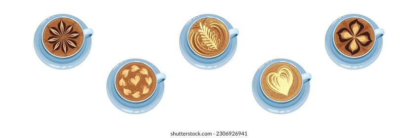 Cups on Saucer with Coffee Latte Crema Art Vector Set