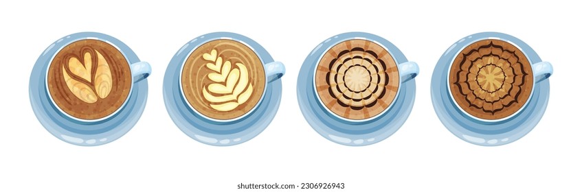 Cups on Saucer with Coffee Latte Crema Art Vector Set