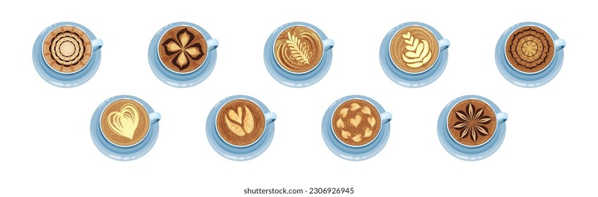 Cups on Saucer with Coffee Latte Crema Art Vector Set