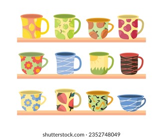 cups on shelf. vintage teacup collection, tea ceremony. mugs with fruits, flowers, lines, hand drawn patterns. vector cartoon flat illustration