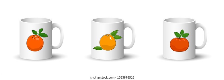 Cups with Orange , Grapefruit and Mandarin, Front View on Mugs with Citrus Fruit Isolated on a White Background, Vector Illustration