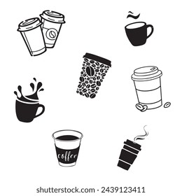 Cups and paper cup with coffee. Logo for coffee shop. Vector set of stickers and icons EPS 10