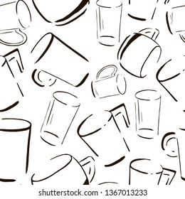 Cups pattern, seamless background hand drawn sketch of coffee and tea cups, black doodle, vector pattern without background	