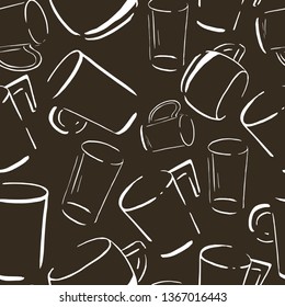 Cups pattern, seamless vector background hand drawn sketch of coffee and tea cups, white doodle on brown background