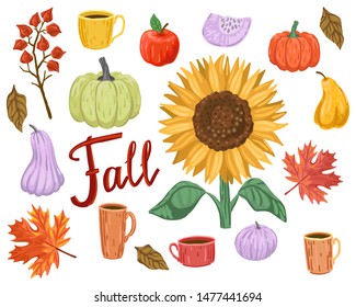 Cups, pumpkin, corn, maple, apple and other fall fruits, decor for Halloween and Thanksgiving. Stickers for prints and design. Vector illustration in cartoon flat style