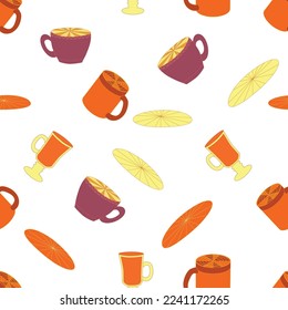 Cups and saucers bright seamless pattern. Tea, tea shop, coffee. Wallpaper, wrapping paper, fabric