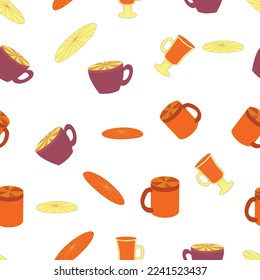 Cups and saucers bright seamless pattern. Tea, tea shop, coffee. Wallpaper, wrapping paper, fabric