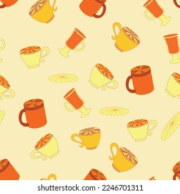 Cups and saucers bright seamless pattern. Tea, tea shop, coffee. Wallpaper, wrapping paper, fabric