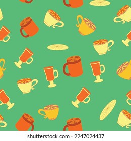 Cups and saucers bright seamless pattern. Tea, tea shop, coffee. Wallpaper, wrapping paper, fabric