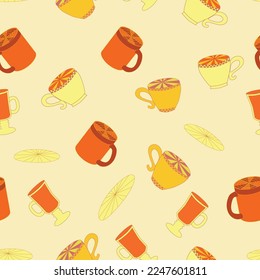 Cups and saucers bright seamless pattern. Tea, tea shop, coffee. Wallpaper, wrapping paper, fabric