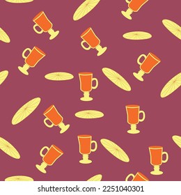Cups and saucers bright seamless pattern. Tea, tea shop, coffee. Wallpaper, wrapping paper, fabric