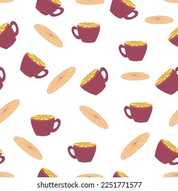 Cups and saucers bright seamless pattern. Tea, tea shop, coffee. Wallpaper, wrapping paper, fabric