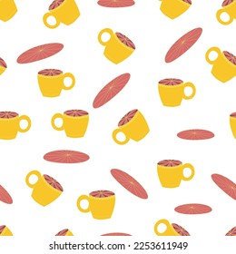 Cups und Saucen, die ein glänzendes, nahtloses Muster aufweisen. Tee, Teeservice, Kaffee. Tapete, Wickelpapier, Stoff