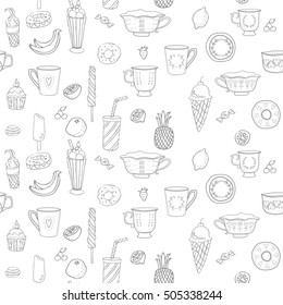 Cups and saucers. Decorative beautiful seamless pattern. Doodle, sketch. Vector.