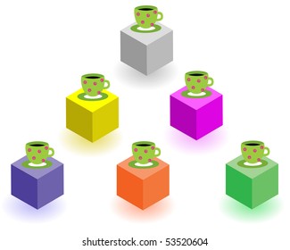 Cups and saucers stand on multi-coloured cubes
