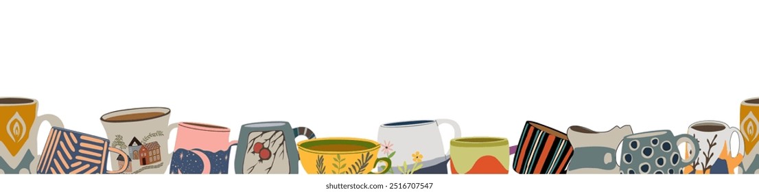 Cups nahtlose Grenze. Wiederholte Becher horizontales Muster. Handgezeichneter Banner mit bunten Teetassen einzeln auf weißem Hintergrund