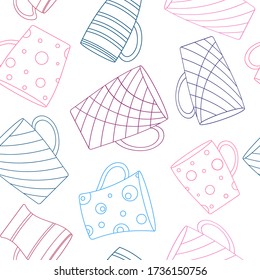 Cups. Seamless pattern, blue, cyan, pink colors. White background. Design for fabric, cover, background, wallpaper, wrapping paper.