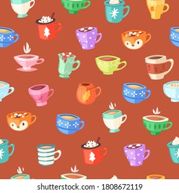 Patrón sin fisuras, beba concepto de papel tapiz de café, ilustración retro, diseño vintage, ilustración vectorial de estilo de dibujos animados. Artículos de tocador, decoración, colección de utensilios de cocina.