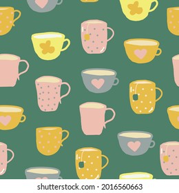 cups seamless pattern. hand drawn doodle. vector, cartoon, minimalism. trending colors 2021. wallpaper, wrapping, textiles, banner kitchen tea coffee drinks tablecloth cafe
