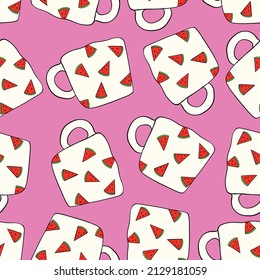 Cups seamless pattern. Cups with watermelon pattern.