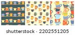 Cups seamless patterns. Coffee cup, stacked mugs and pottery teacups. Kitchen backgrounds vector set of coffee cup design, illustration mug