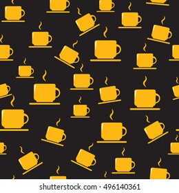 Cups seamless vector pattern. Tea or coffee cups on dark background.