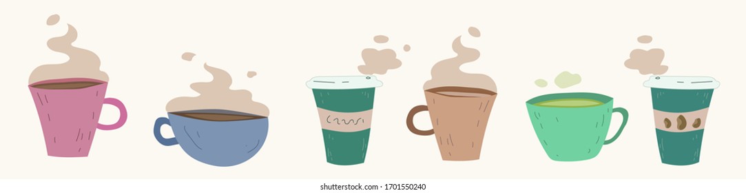 Cups Set. Coffee or tea. Colorful illustration. Vector template.