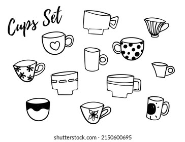 Cups set. Doodle style. Perfect for decorating menus, recipes, cookbooks and magazines, advertising banners.