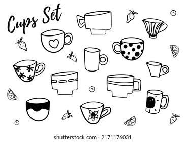 Cups set. Doodle style. Perfect for decorating menus, recipes, cookbooks and magazines, advertising banners.