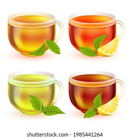 Cups set of green herbal, black and natural fruit tea. Realistic transparent glass tea cups with handle, green leaves and lemon isolated on white background for your design. Vector EPS10