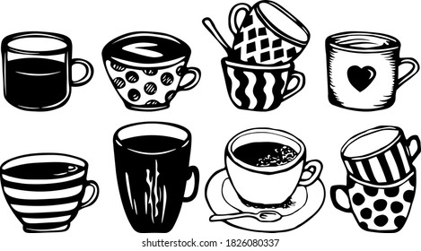 Cups set. Mugs with coffee or tea. Mugs with striped pattern. Doodle  vector illustration. Hand draw
