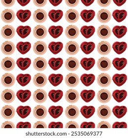 Cups in the shape of hearts and decorated with hearts, top view. Seamless pattern. Vector illustration.