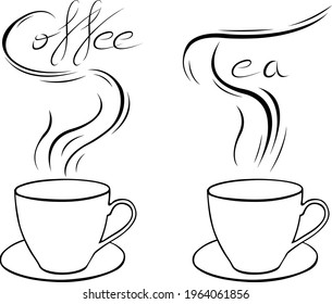 cups with steam forming the words coffee and tea