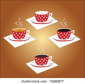 Cups of tea, coffee, cocoa and empty cup standing on square napkins on brown background